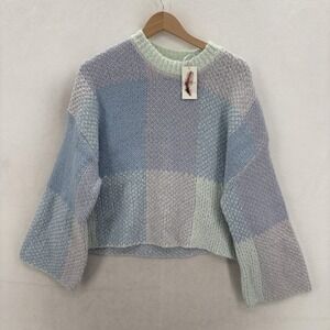 Jessica Simpson Sweater Womens Medium Multicolor Check Knit Bell Sleeve NWT